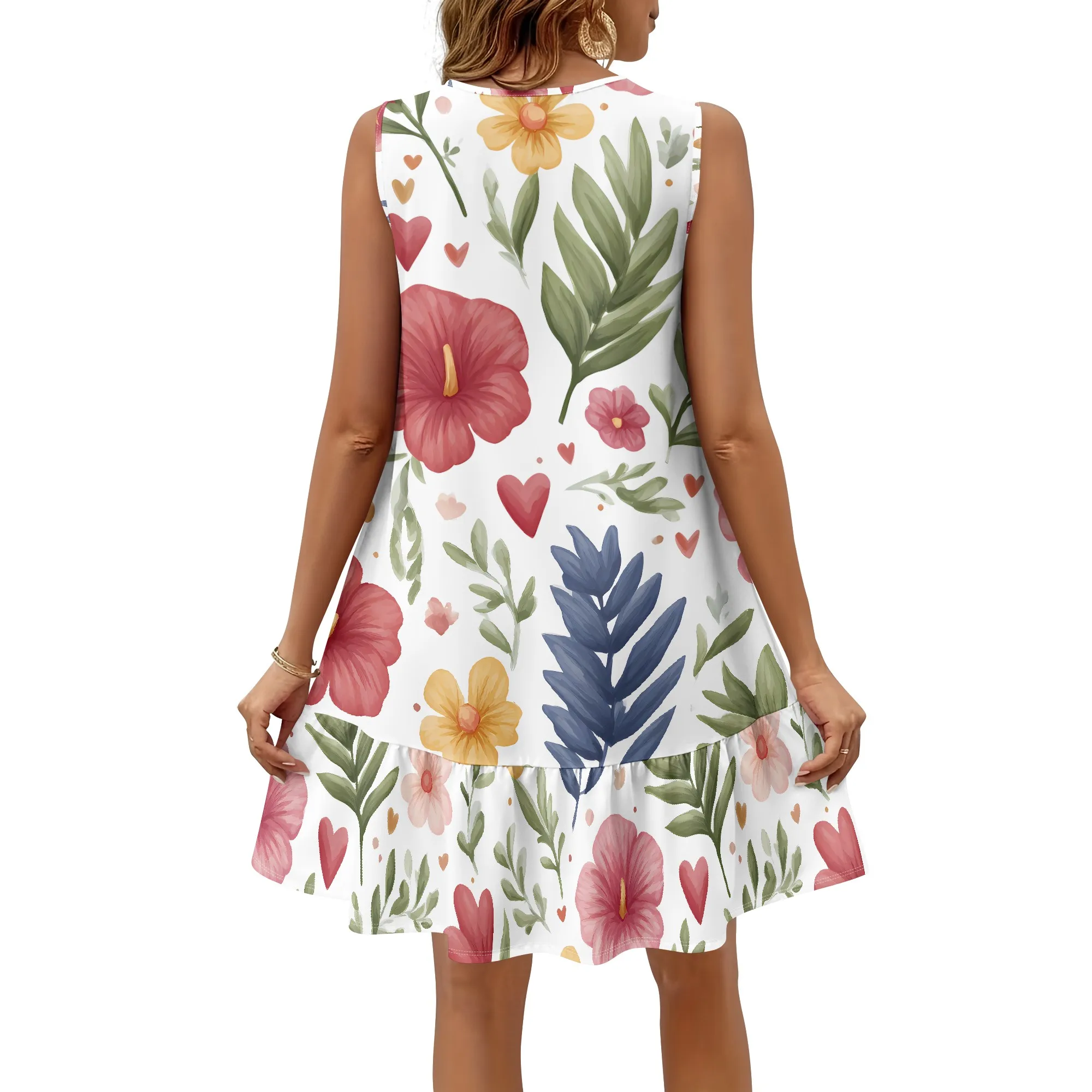 Floral Print Dress, Sleeveless Summer Sundress, Tropical Leaves Heart Pattern, Casual Beach Vacation Wear, S-2XL