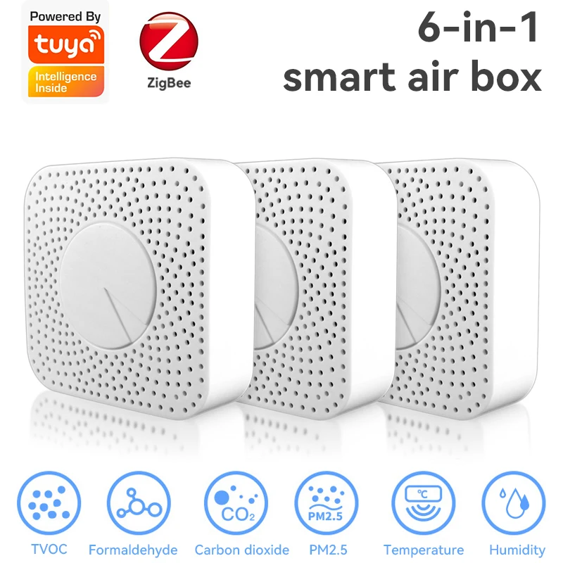 

Tuya Zigbee Smart Home Air Quality Sensor CO2 VOC HCHO Smart Air Box Gas Leak Sensor Security Protection Alarm Zigbee Gateway