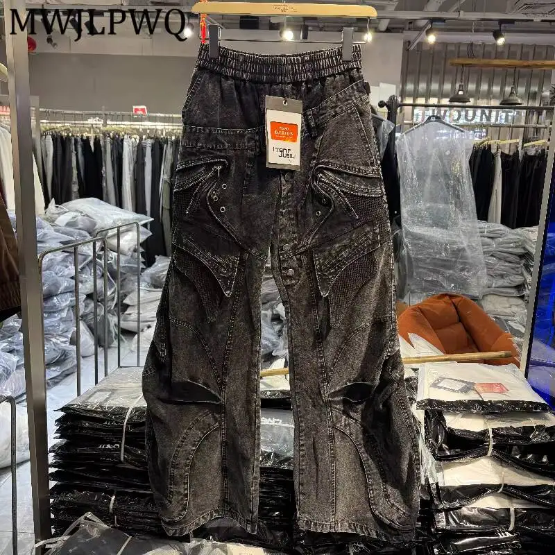 MWJLPWQ Elastic Waist Multi Jeans Wash Curved Mesh Patch Rivet Zip Pocket Loose Wide Draped Leg Unisex Dark Street Trouser 17137