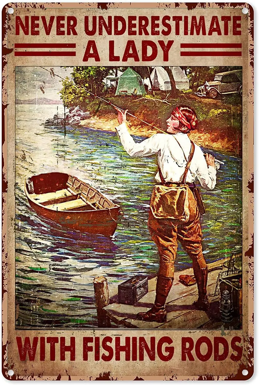 Vintage Metal Tin Signs Never Underestimate a Lady with Fishing Rods Tin Sign Vintage Bar Club Cave Home Kitchen Rustic