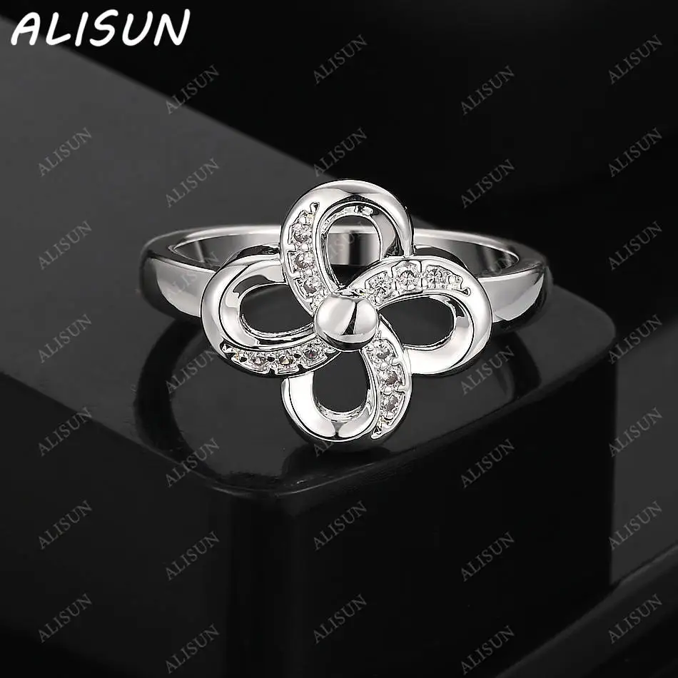 ALISUN 925 Perak Murni Ukuran 7-10 Zirkon Cincin Rumput Empat Daun untuk Wanita Perhiasan Anggun Hadiah Pesta Ulang Tahun Modis Tren