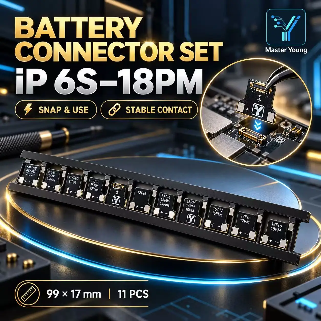 ycs Master Young 11PCS iP 6S-18PM Battery Connector Set Stable Contact Snap-On Adapter Boards for Phone Logic Board Repair Tool