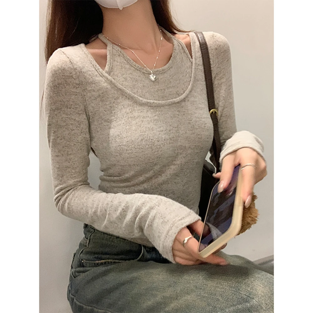 Women's Hanging Neck Fake Two Spring Autumn Long Sleeved T-shirts Solid Versatile Slim Fit Base Shirt Female Top Underneath