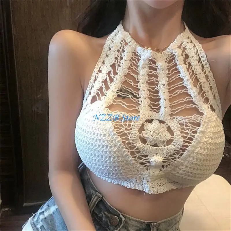 

T21F Womens Bohemian Hollowout Crochet Knit Halterneck Bra Embroidery Bralette Beach Camisole Crop Top with Chest Pads