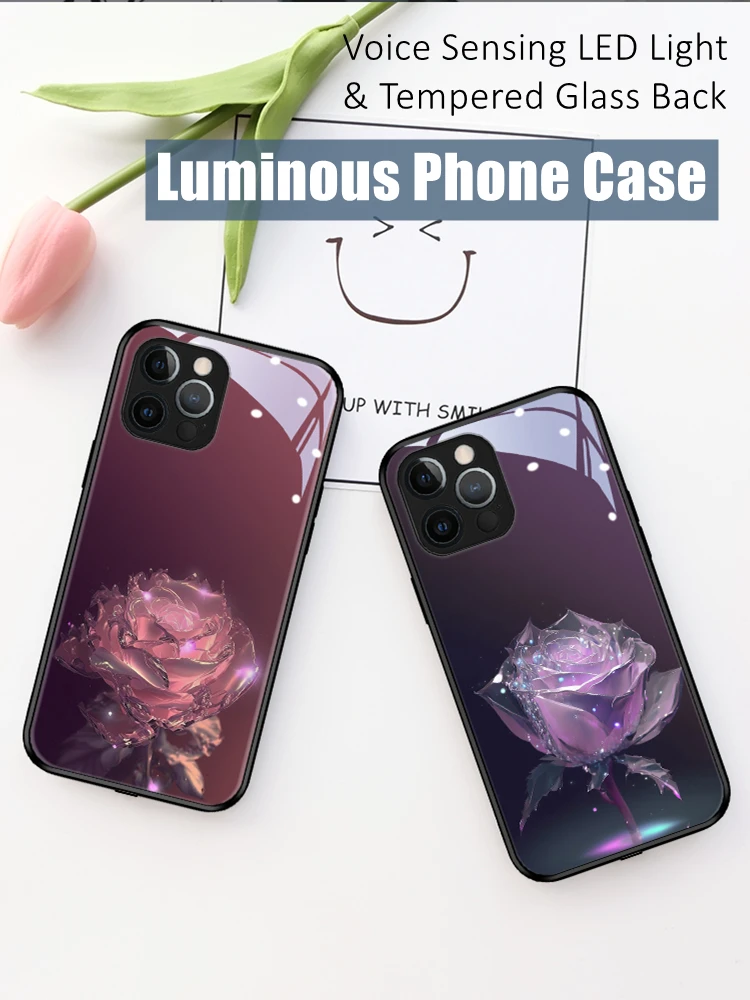 

Crystal Rose LED Light Glowing Luminous Tempered Glass Back Phone Case for OPPO Reno 4 5 6 7 8 9 Find X5 Realme X50 Pro Plus SE