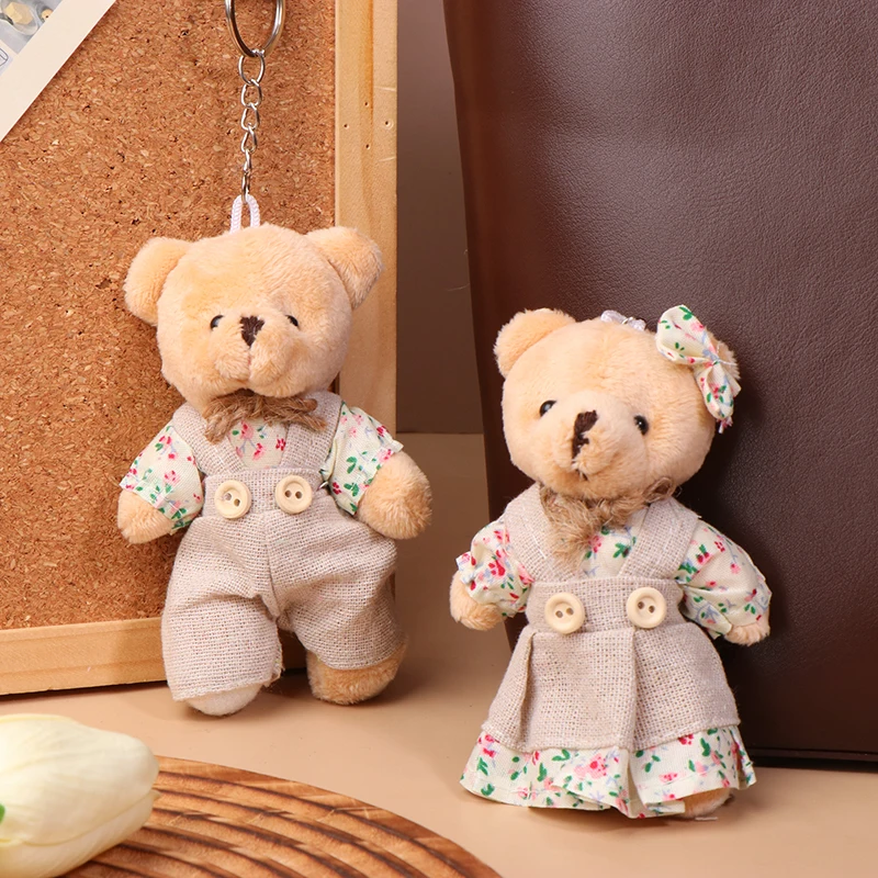 Couple Bear Plush Toy Keychain Cartoon Floral Cloth Bears Soft Stuffed Doll Pendant Car Key Ring Backpack Bag Decor Xmas Gift