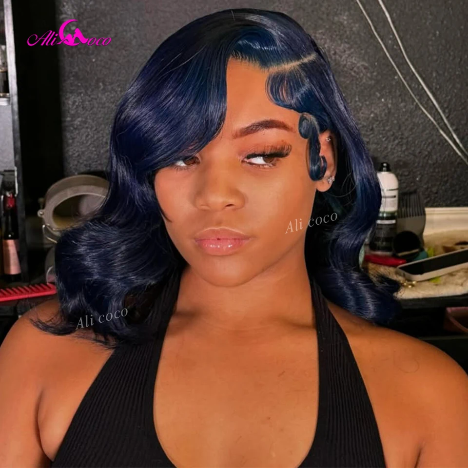 

13x4 Прозрачный кружевной фронтальный парик Боб темно-синего цвета с короткими объемными волнами, человеческие волосы Боб, предварительно выщипанные, плотность 180 для женщин