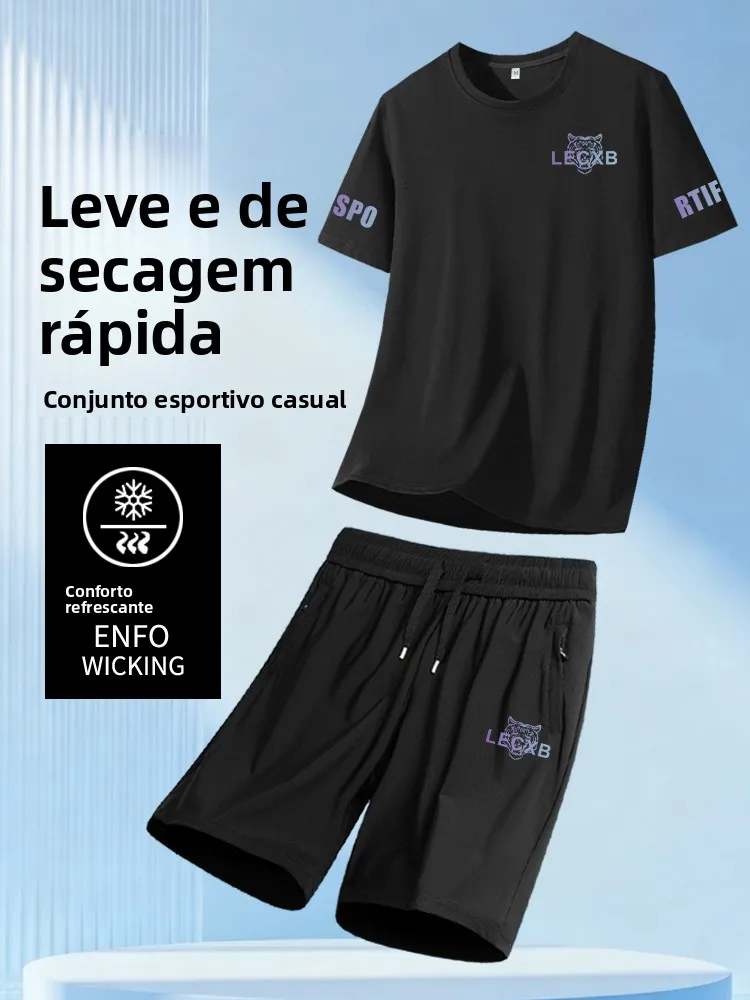 high-end-european-style-ice-silk-men's-summer-sportswear-short-sleeve-shorts-quick-dry-running-suit-two-piece-set-casual-spor