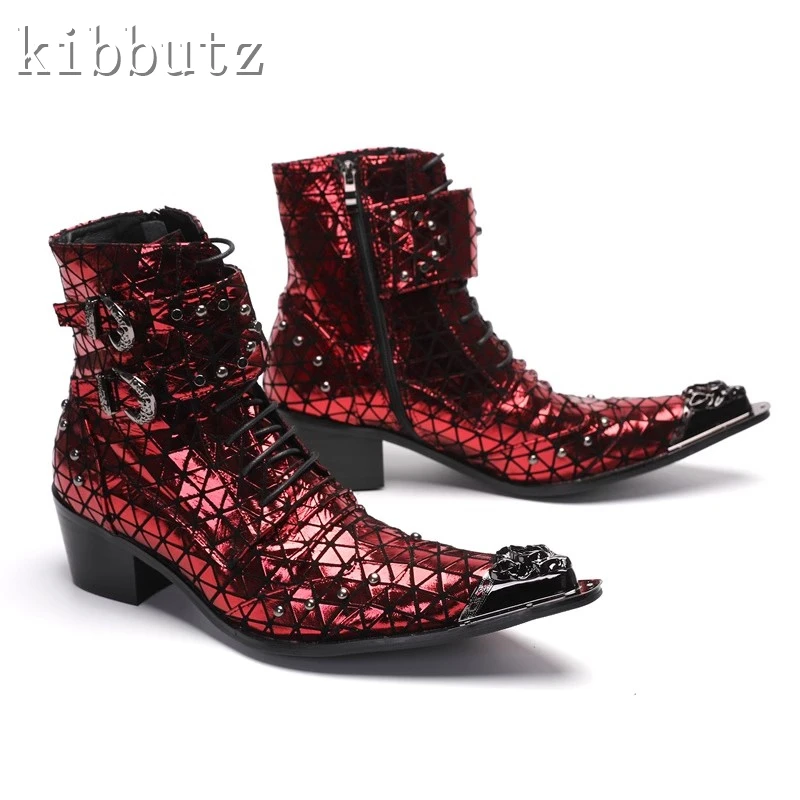 British Style Rivets Men Genuine Leather Boots Metal Pointed Toe Motorcycle Boots Double Buckle Zip Lace Up Ankle Boots