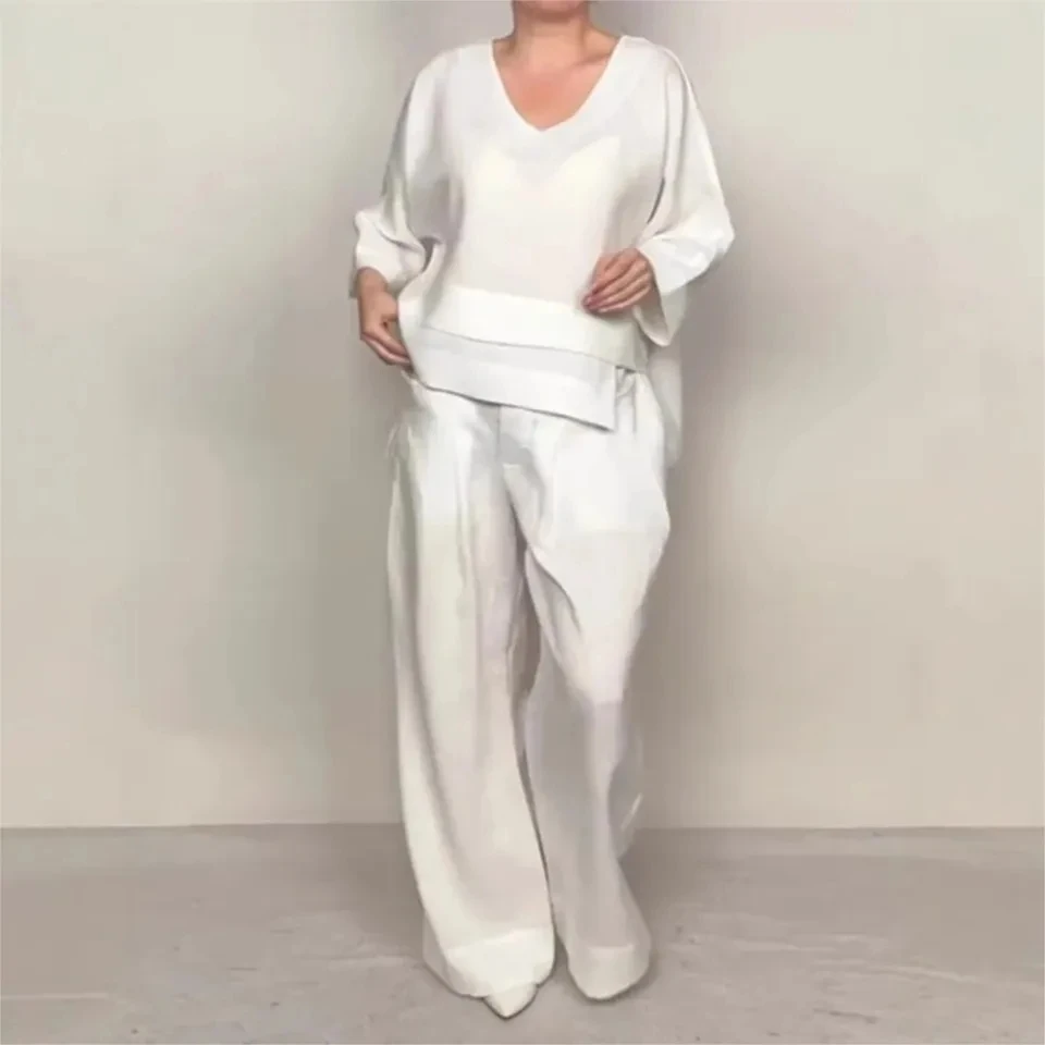 

Casual Loose Irregular Cotton Linen For Women Top Suit Spring Summer New Fashion Pocket Wide-leg Pants Ladies Office 2 Piece Set