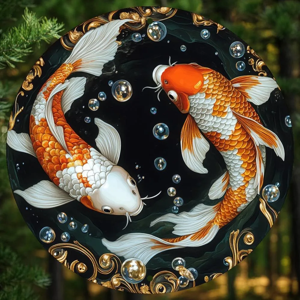 2D Metal Sign Retro Koi Fish Design Round Metal Wall Art 8x8 Inch 20x20 cm for Home Office Bar Kitchen Decor