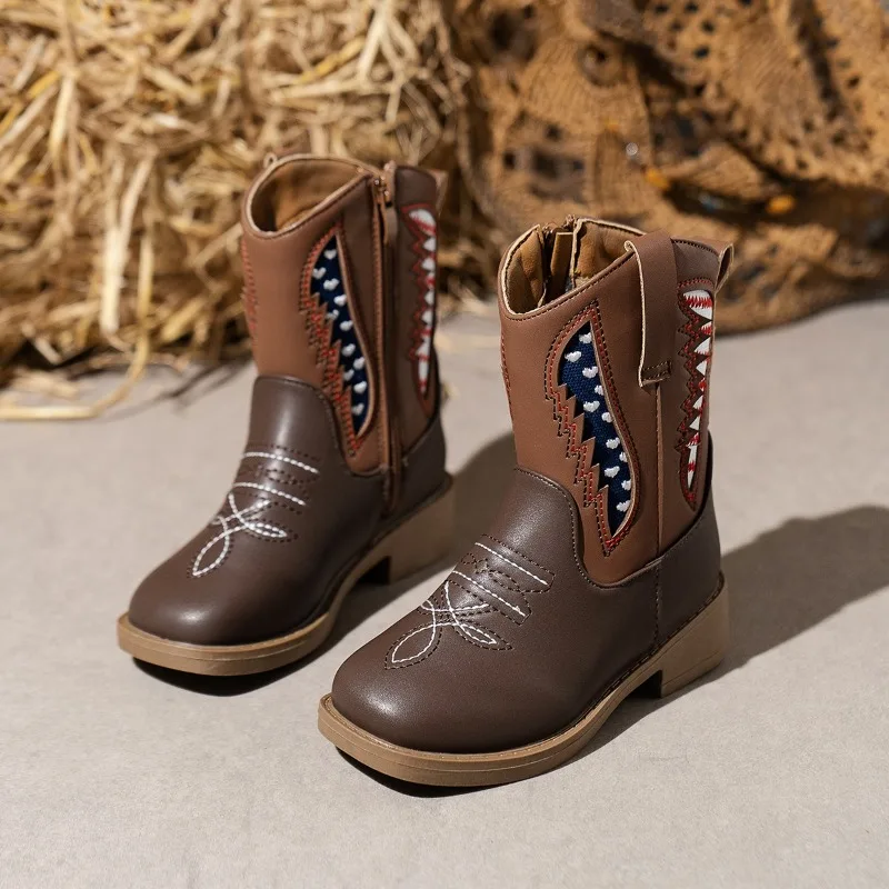 Bottes de cowboy occidentales en cuir marron pour enfants, comme fermeture à glissière supérieure avec motifs de broderie colorés, chaussures pour enfants pour filles