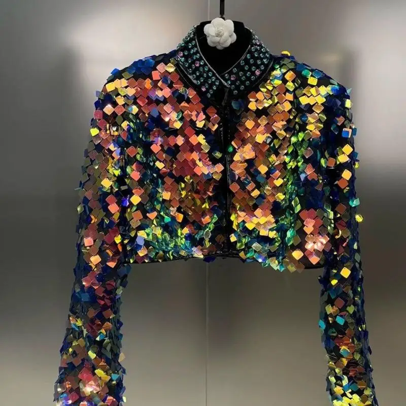 

1Pc New Exquisite Gradient Color Sequin Decorative Jacket Women Fashion Rhinestone Standing Collar Personalized Short Jacket