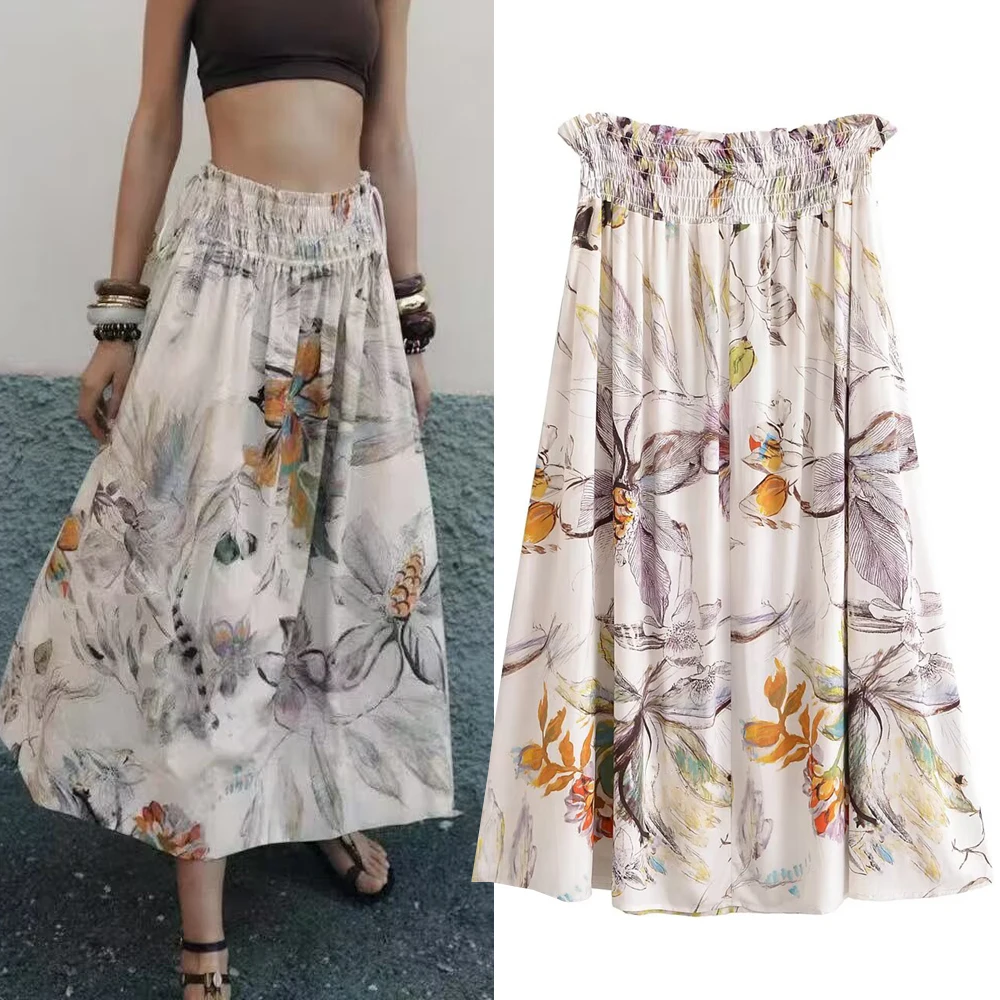 

Модная повседневная юбка с эластичной резинкой на талии и принтом, женская универсальная юбка прямого кроя в этническом стиле из полиэфирного волокна