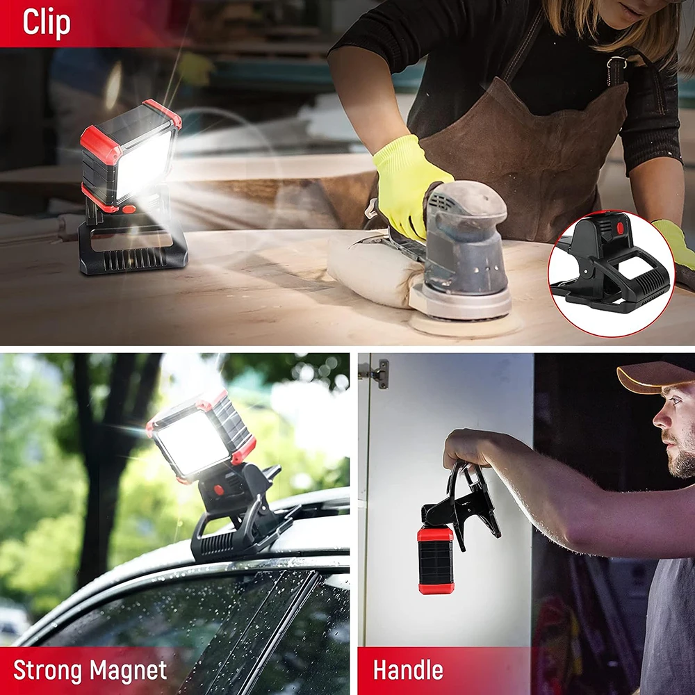 Ultra Bright LED Work Light Rechargeable COB Magnetic Clip on Work Light with Clamp 270° Rotatable Portable Lamp For Car Repair