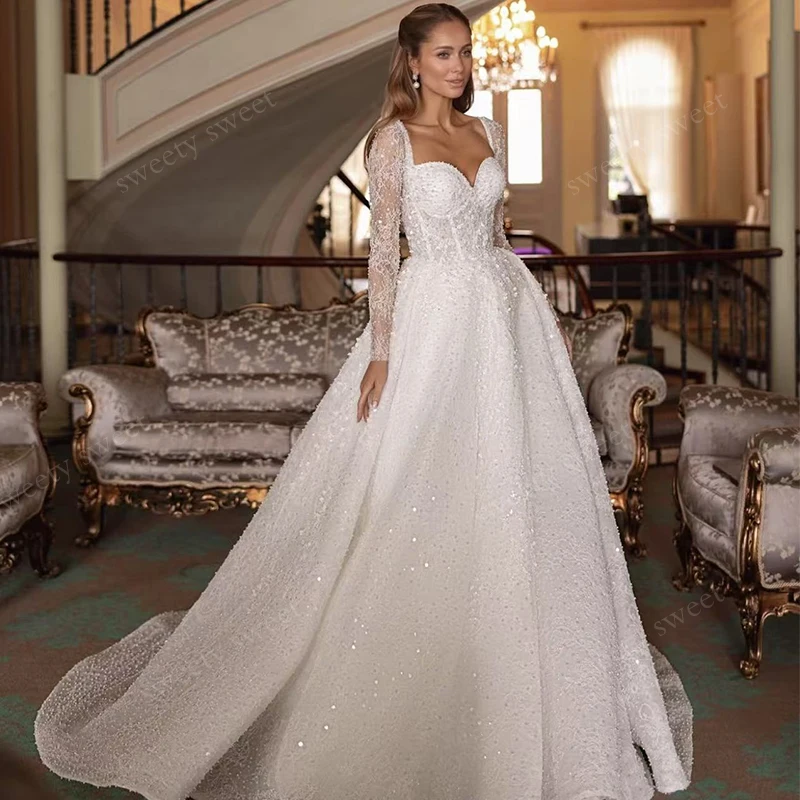 

Luxurious Wedding Dress Embroidery With Beading A-Line Ball Gown Sweetheart V-Neck Full Sleeve Customized Bride Dress Lace Up ﻿
