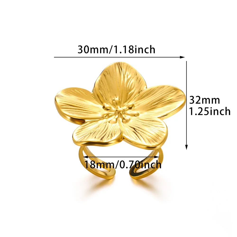 Elegant Stainless Steel Big Bloom Flower Rings For Women Gold Color Sun Starfish Open Ring Finger Jewelry Wedding Her Gift Punk