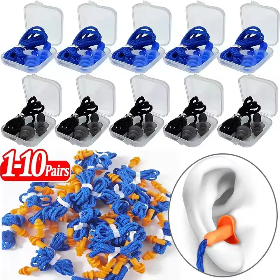 

10/1Pairs Silicone Ear Plugs Noise Reduction Waterproof Earplugs with Cord Reusable Corded Earbuds for Swimming Sleeping Working