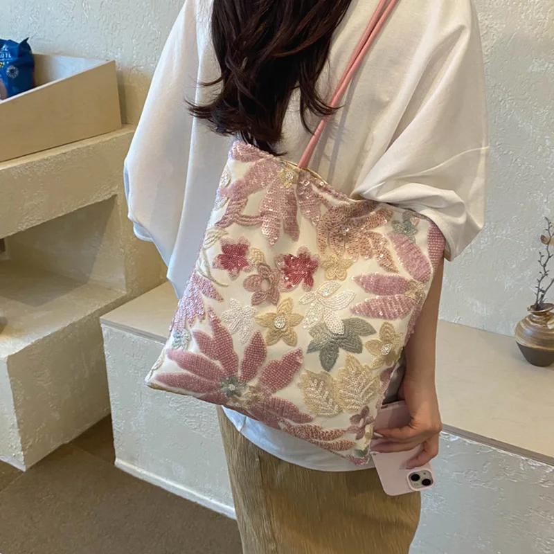 New Chinese Style Embroidery Canvas Tote Bag Large Capacity Single Shoulder Commuter Handbag Shopping Bag for Women