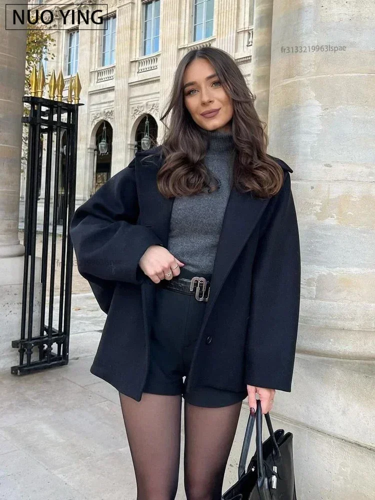 سترة صوفية عصرية للنساء لربيع 2025 معاطف نسائية بأكمام طويلة واحدة الصدر أنيقة كبيرة الحجم ملابس خارجية أنيقة للشارع