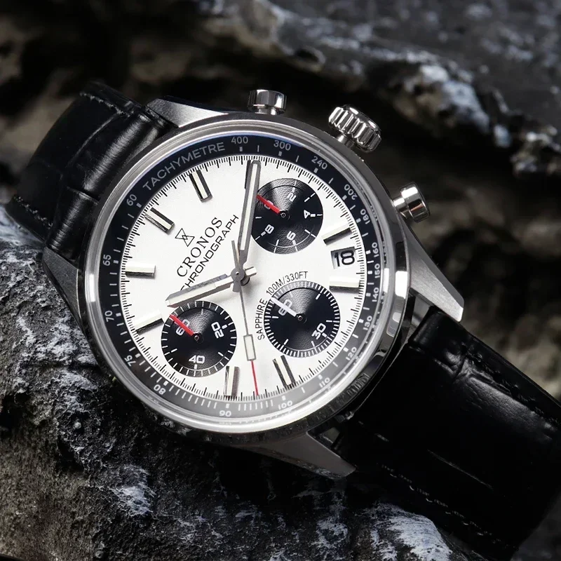 Cronógrafo de cuarzo para hombre, cronógrafo Miyota S620, negro y blanco, esfera de Panda, zafiro, 10ATM, impermeable, taquymetre, correa de cuero