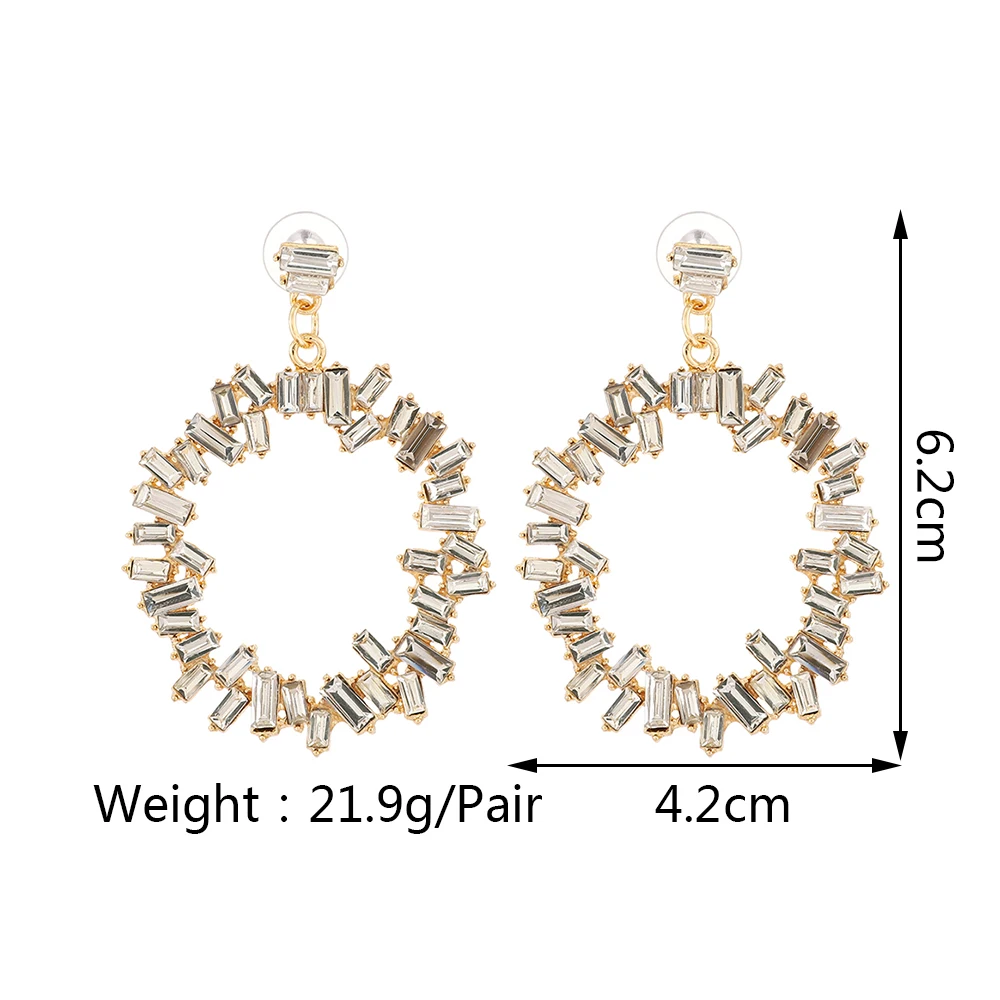 Gold Color Metal Inlay Sparkly Crystal Round Large Dangle Earrings For Women 2024 Trendy Elegant Unusual Luxury Female Jewelry