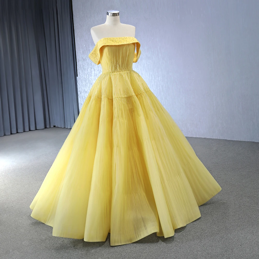 Jancember Factory Wholesale Exquisite Yellow Evening Dresses Organza Prom Dresses Short Sleeves Vestidos De 15 Años RSM231002