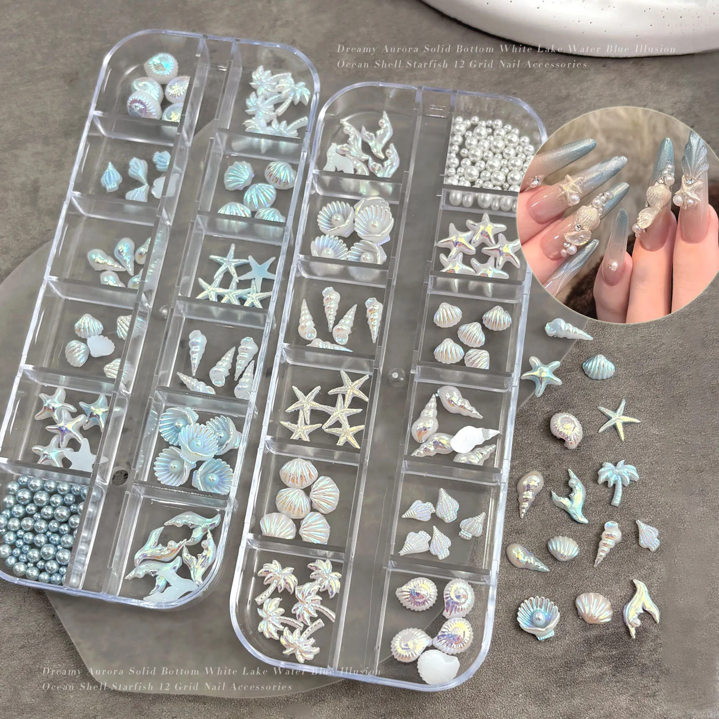 

12Grids Aurora Blue Starfish Shells Nail Art Charms Conch Mermaid Tail Ocean Series Nail Decoration Summer Womem Nail Rhinestone