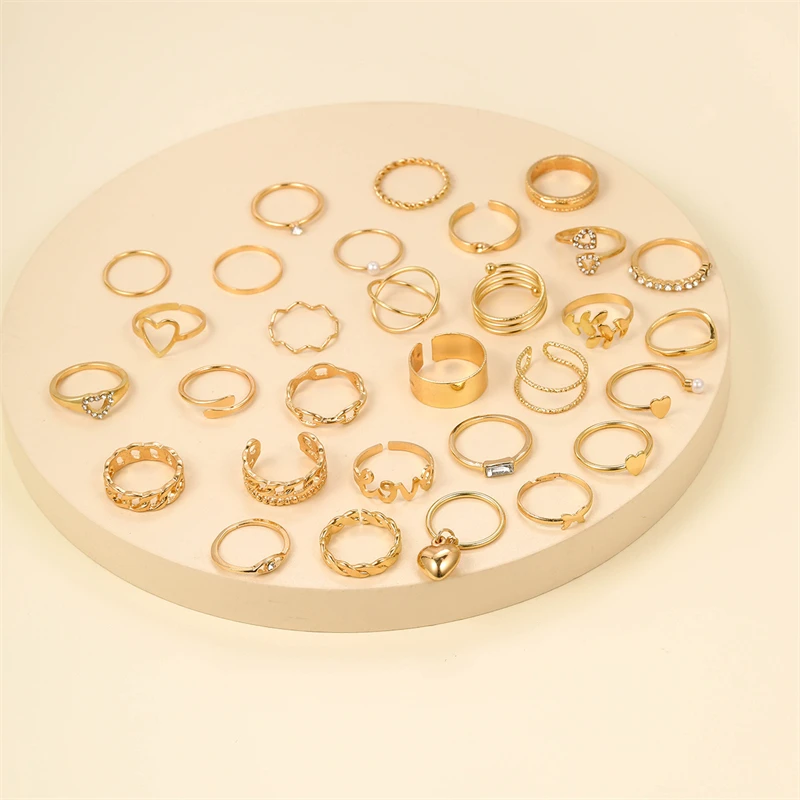 Vintage Goldfarben Zirkon Herz Schmetterling Hohlketten-Ringset Boho Simulierte Perlen Geometrische Ringe für Damen Schmuck – Detail 4