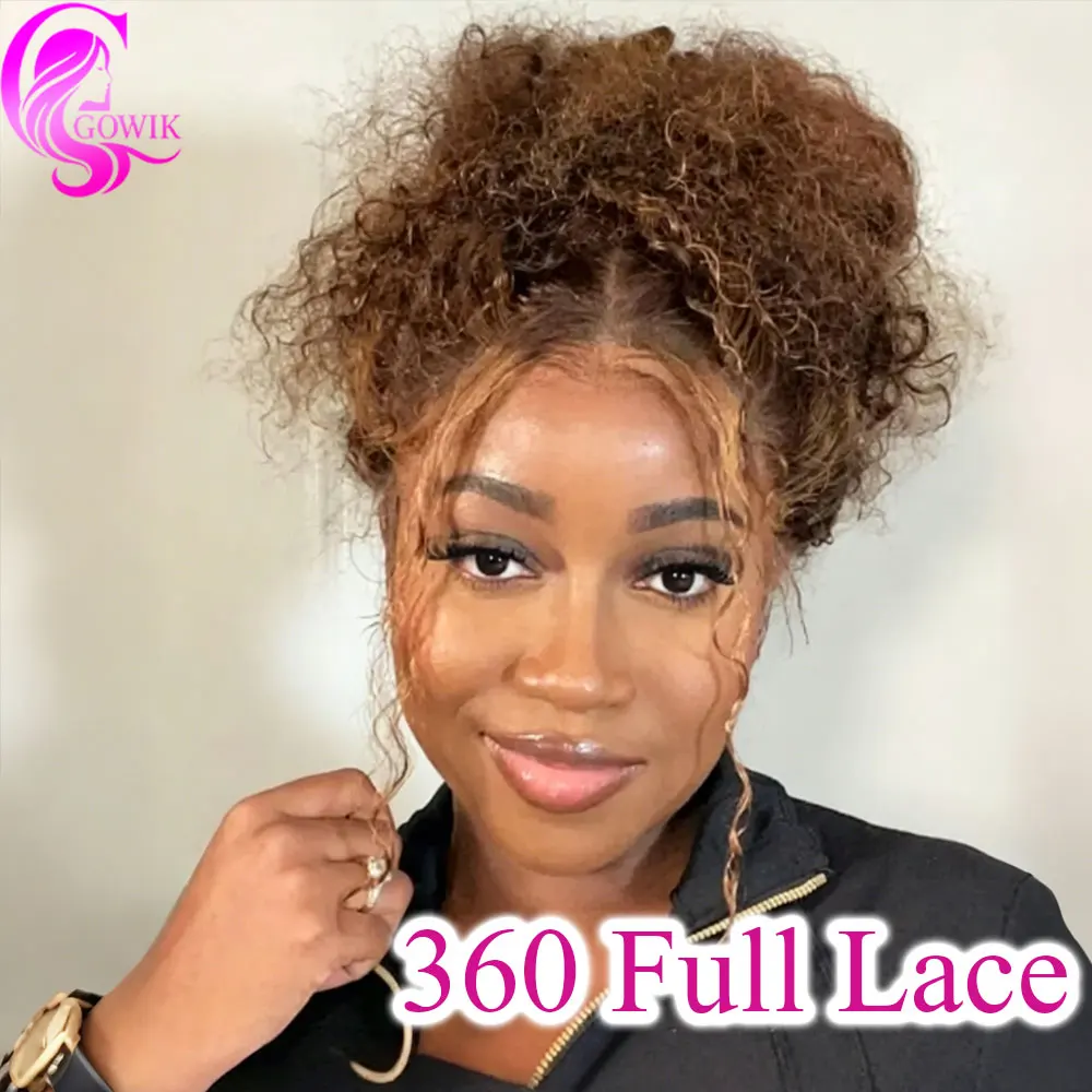 

Gowik Invisible Strap HD 360 Lace Front Wig Highlight Ombre Human Hair Wigs Deep Curly P4/27 250% Density Precut 360 Full Lace Gluless Wigs