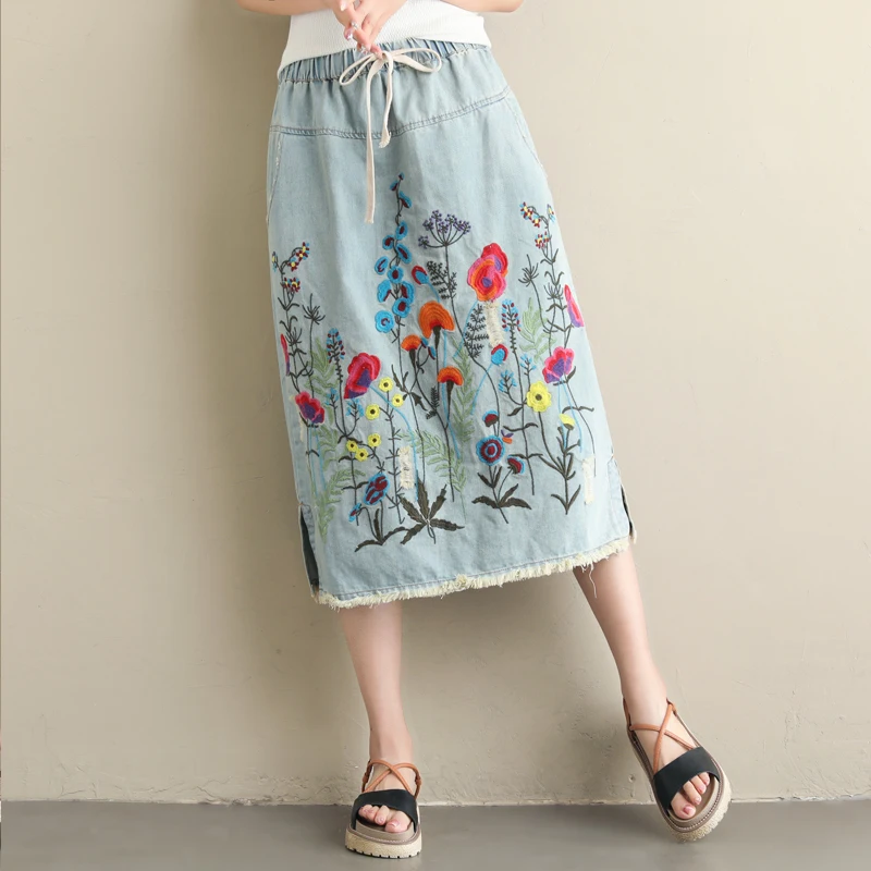 Summer New Style Artistic plus Size Women's Ethnic Denim Embroidered Half Skirt Elastic Waist Belted Midi Skirt Cotton Jeans