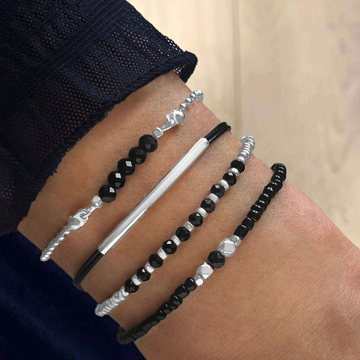 4Pcs Black Glass Stone Bracelet Set For Women Gold Silver Color Braided Rope Beads Chain Wrap Bangle Female Fashion Jewelry
