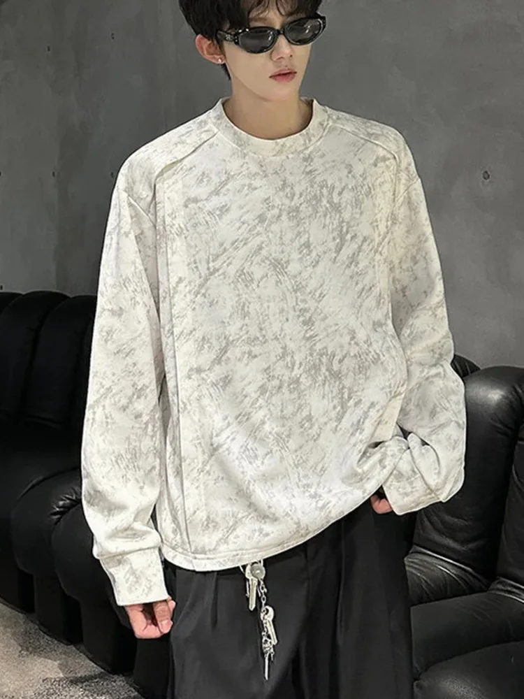 Niche Design Men's Tees Tie Dye Contrast Color O-neck Casual T-shirts Long Sleeved All-match Loose Male Clothing DE45