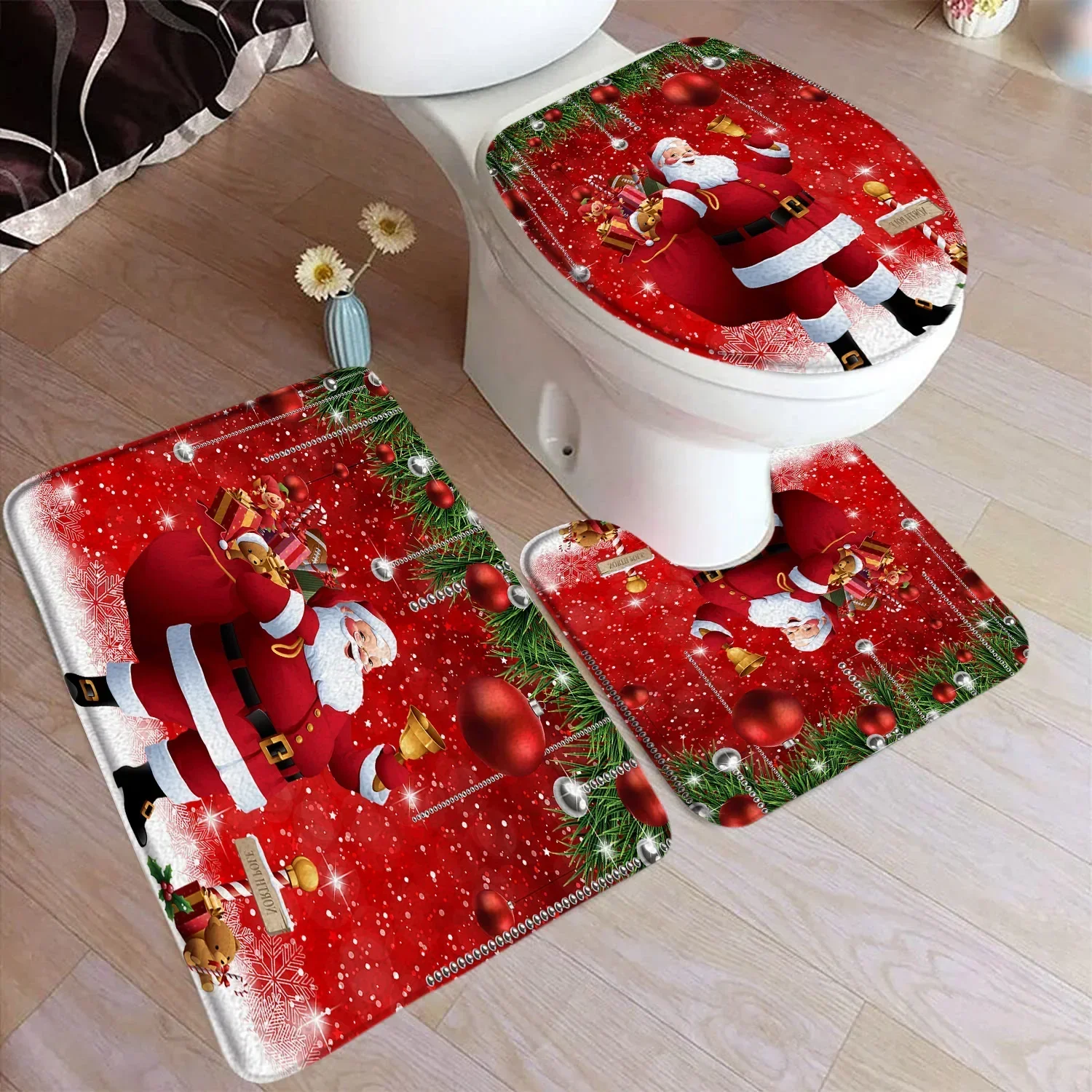 Funny Christmas Bath Mat Set Cute Snowman Santa Claus Red Balls Xmas Trees Carpet Home Decor Bathroom Floor Rug Toilet Lid Cover