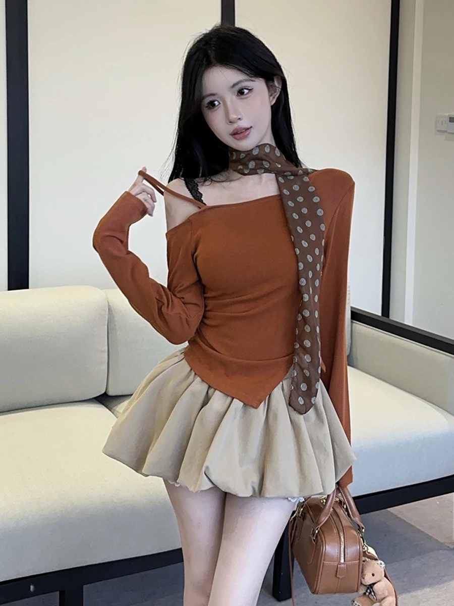 

Sexy Pure Desire Polka Dot Silk Scarf oulder Long Sve Asymmetrical T-irt Top Puffy Bud Skirt Set Women's Faion