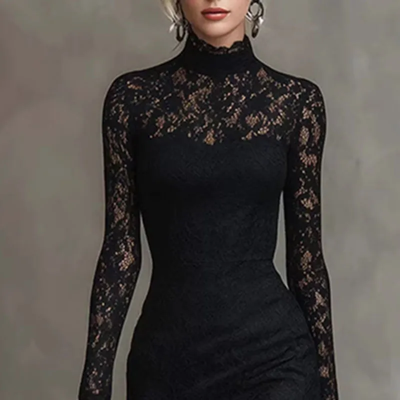 ชุดเดรสทรงเมอร์เมดผ้าลูกไม้เซ็กซี่ โชว์ชายกระโปรง  คอเต่า  ทรงเข้ารูป  แขนยาว  สำหรับงานปาร์ตี้  ฤดูใบไม้ผลิ/ฤดูใบไม้ร่วง