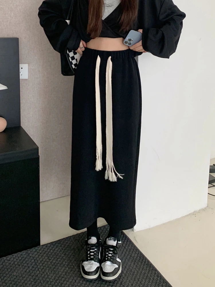 

Skirts Women Casual All-match Soft Spring Elegant Drawstring High Waist Straight Ankle-length Females Streetwear Fashion Ulzzang