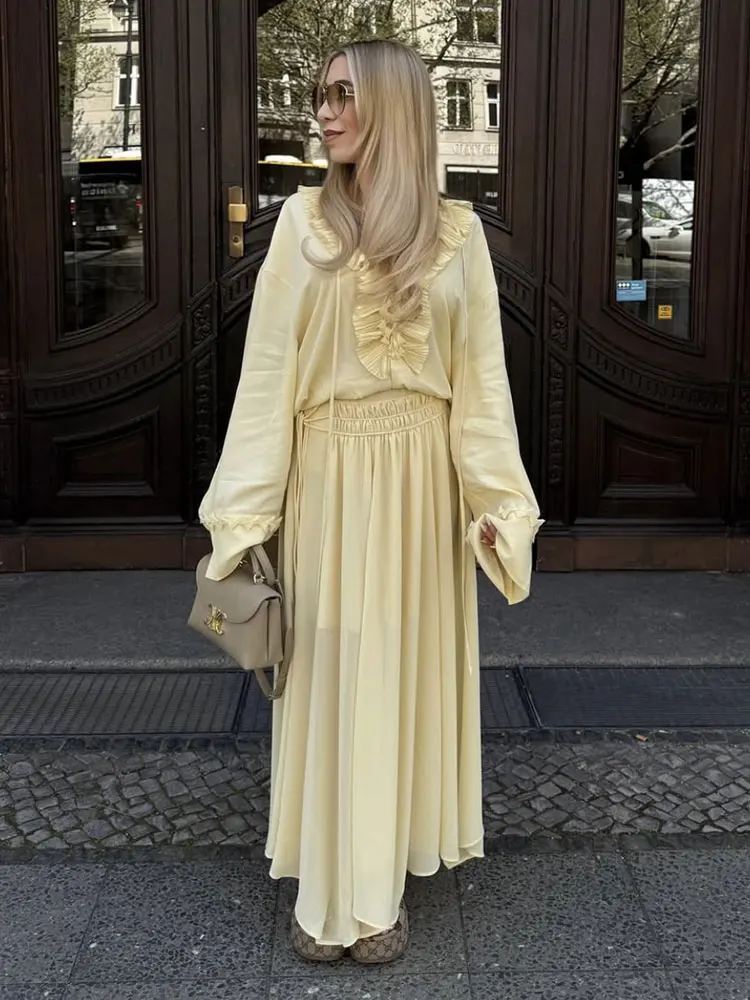 HH Damesmode Ruches Veterblouse Los Casual V-hals Shirt met lange mouwen 2025, Vrouw Elegant Chiffon Geel Chic Tos