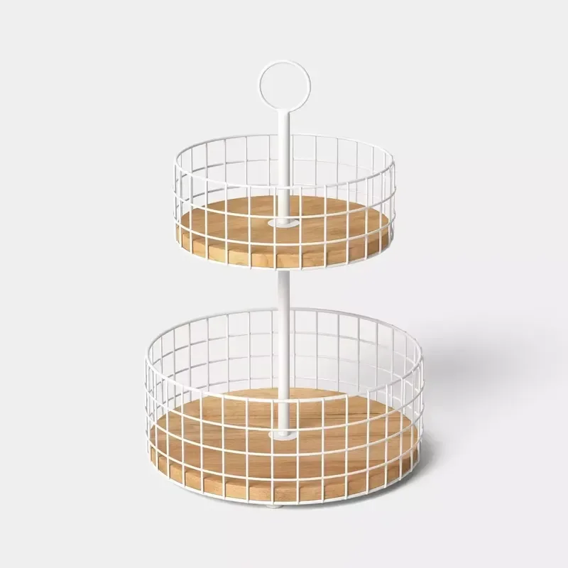 Nordic White Wire Two Layer Tray with Wooden Bottom Fruit Vegetable Display Stand for Restaurant