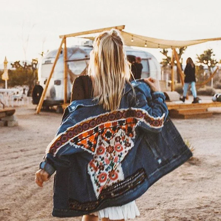 Gypsylady Cotton Denim Jacket Floral Embroidery Retro Boho Appliques Jacket Coat Women Long Sleeve Denim Outwear Chaquetas