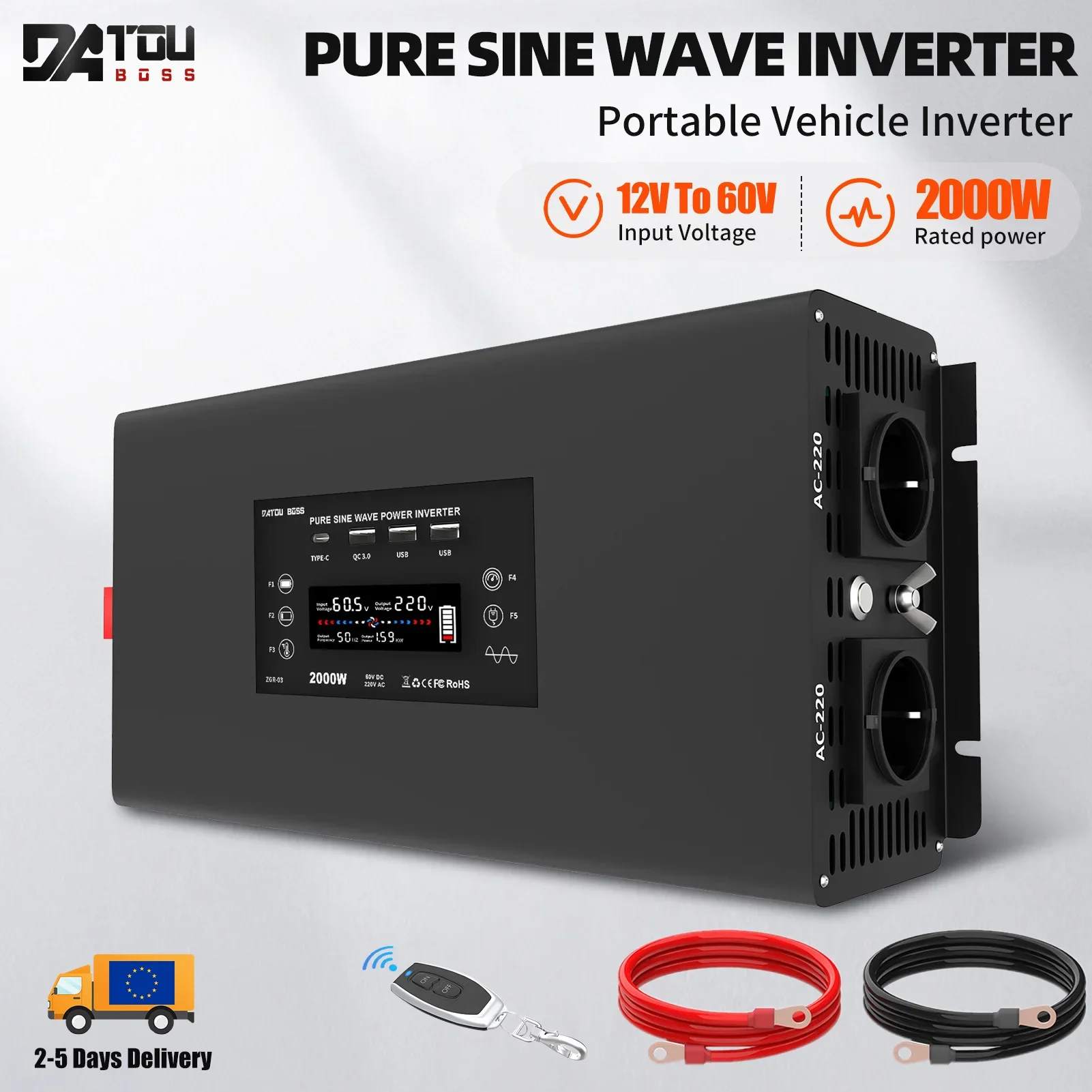 DATOUBOSS onduleur de voiture puissance continue 2000W puissance de crête 4000W DC12V-24V à AC220V-240V Portable DN-03 onduleur à onde sinusoïdale Pure