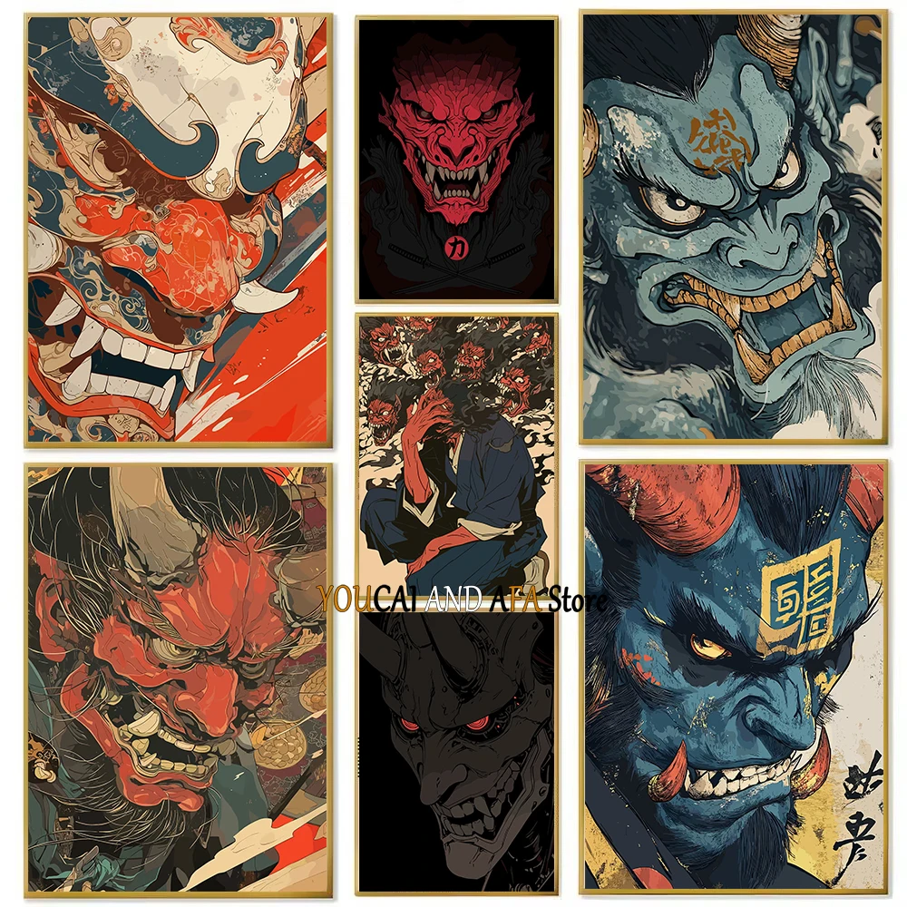 Japanese Oni Mask Cyber Punk Oni Mask with Glowing Eyes Asian Japanese Culture Poster Canvas Painting Wall Pictures Home Decor