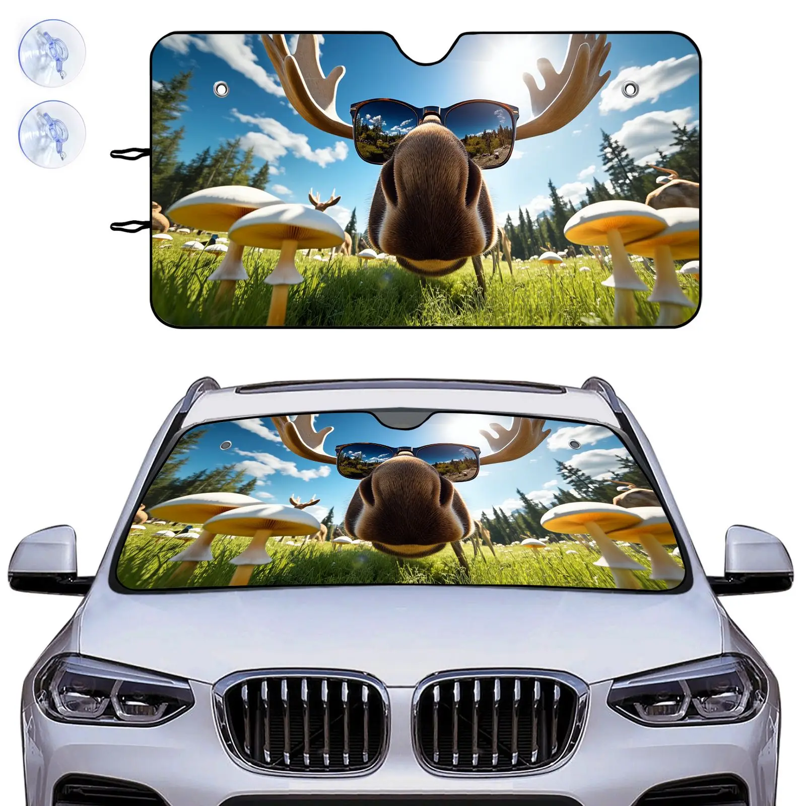 Car Windshield Sun Shade Moose With Fashion Glasses Mushroom Field Design For Outdoor Protection
