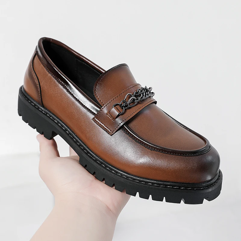 

British-style Men's Leather Shoes, Autumn New Retro Men's Toe Leather Shoes, Brogues, Thick-soled One-piece Loafers