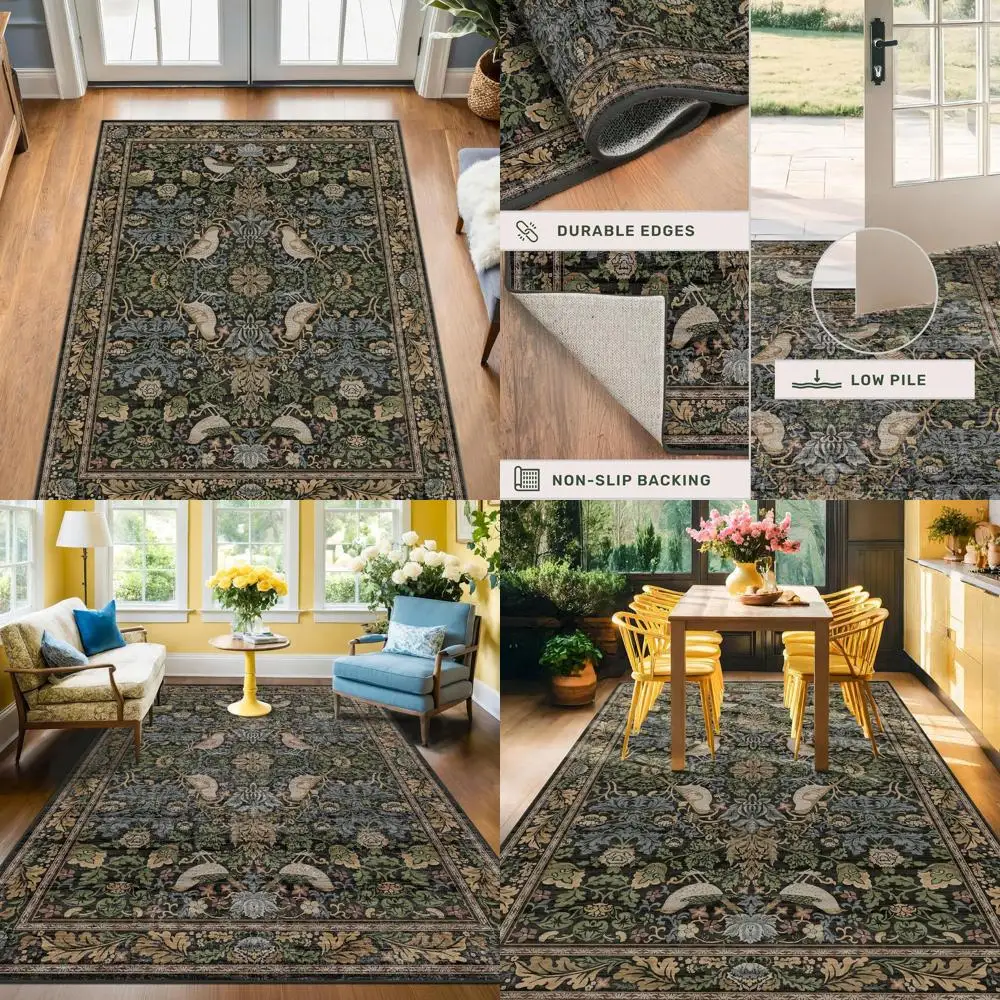 

Винтажный ковер с цветочным узором 5x7 футов - Темно-зеленые лесные птицы, идеально подходит для гостиных, столовых, спален и офисов, нескользящий, устойчивый к пятнам.