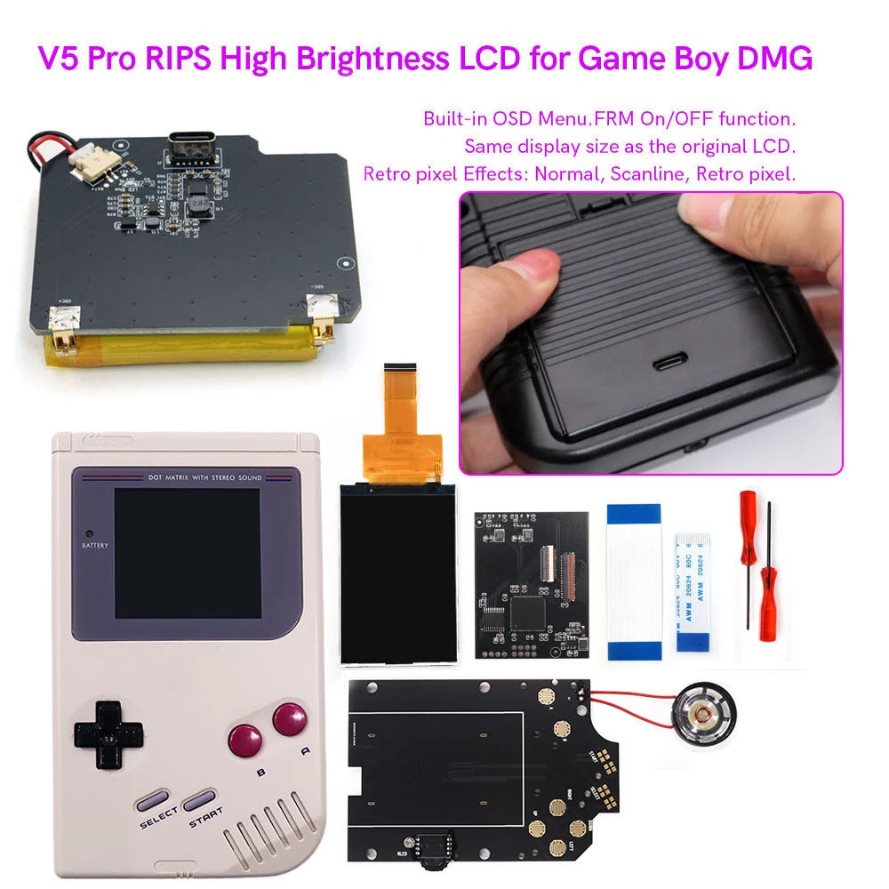 Écran LCD IPS rétroéclairé HISPEEDIDO V5 pour GameBoy GB DMG avec batterie rechargeable TYPE-C USB-C et coque de protection