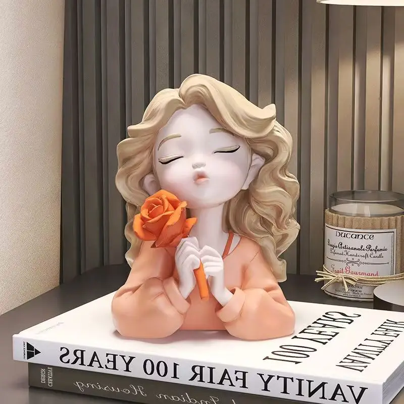 Wavy Blonde Hair Girl Figures Rose Flower Statue Desk Decoration Exquisite Character Resins Sculpture Room Aesthetics Decor