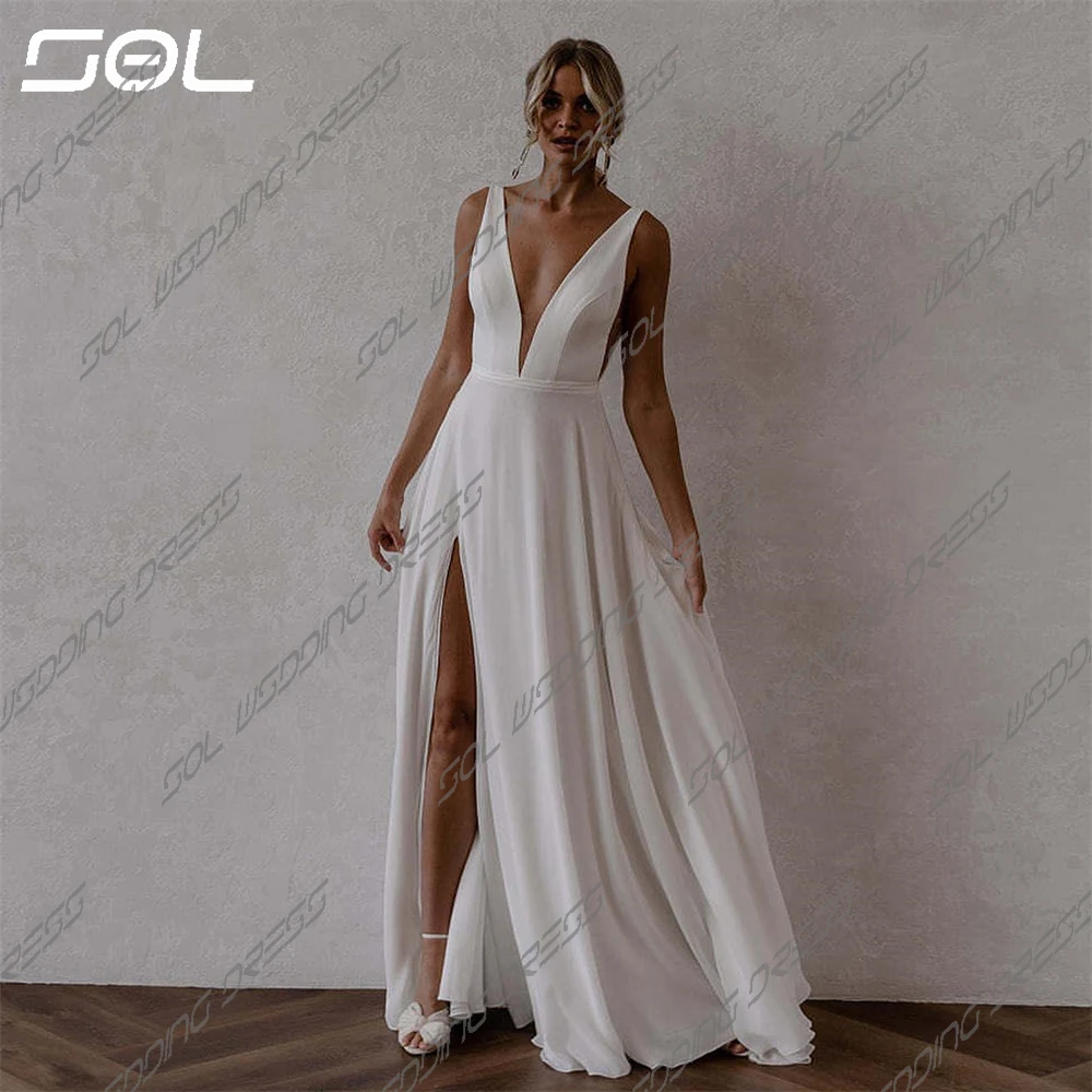 SOL Simple Deep V Neck Spaghetti Straps Side Slit Chiffon Wedding Dresses Elegant Backless A-Line Bridal Gowns Vestidos De Novia