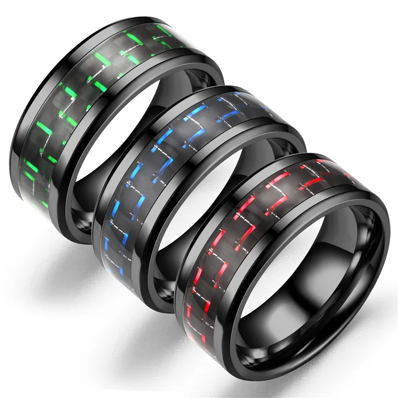 

10 pcs Fashion Stainless Steel Carbon Fiber Couple Ring Simple Geometric Line Titanium Steel Men's and women's rings