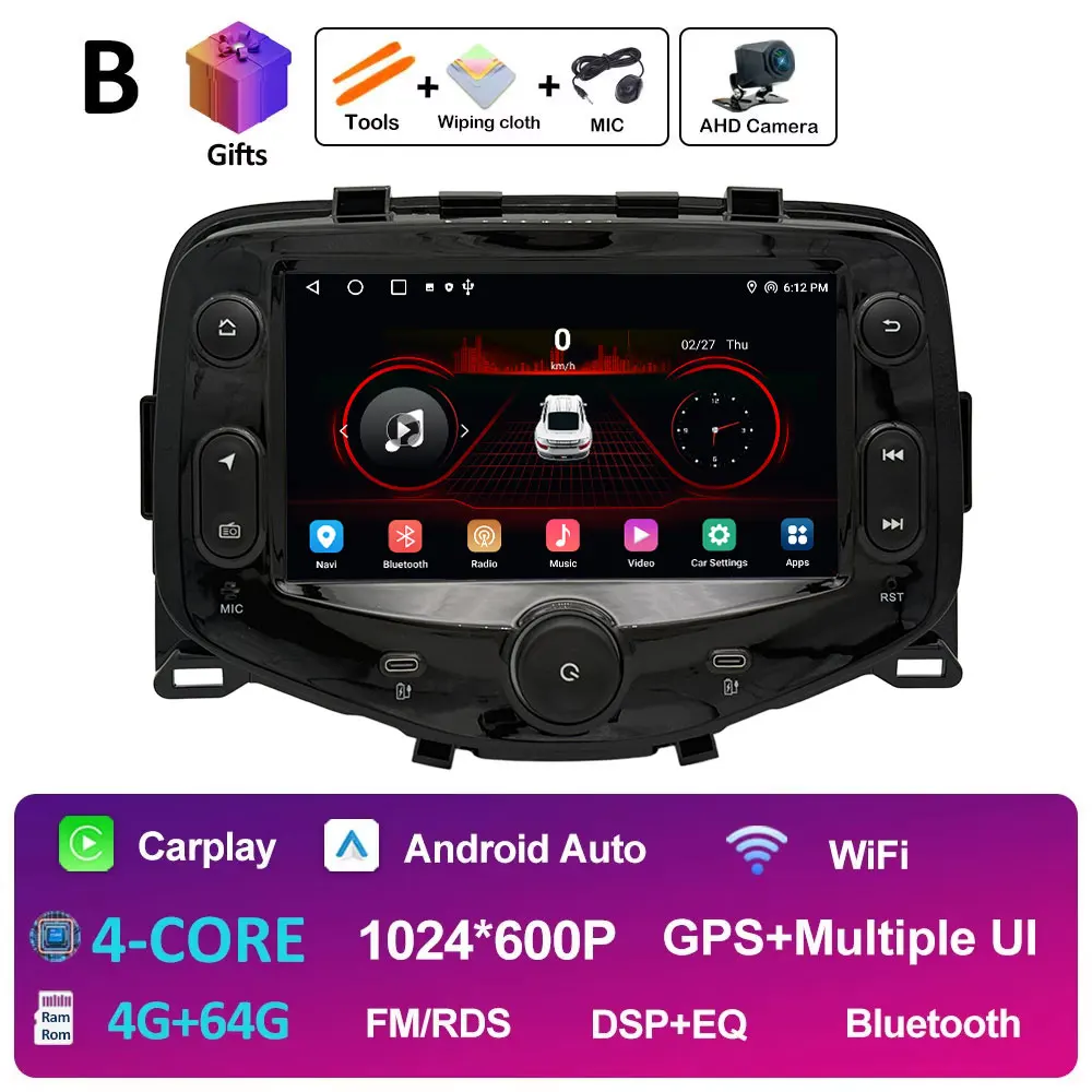 7 "Touchscreen Auto Android 14 voor Toyota Aygo Peugeot 108 Citroen C1 2016 2017-2020 Navigatie GPS DSP Stereo CarPlay Auto